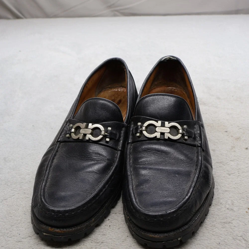 Salvatore Ferragamo Men 9EE Loafers BLK Gancini Leather Slip On Dress Casual VTG